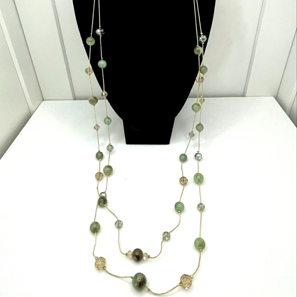 Gold & Green Multistrand Charming Charlie Bead Necklace Extra Long